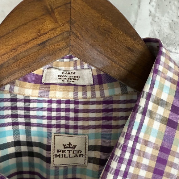 Peter Millar Baby Blue & Purple Plaid Long Sleeve Button Down Shirt Mens Large - Picture 3 of 7